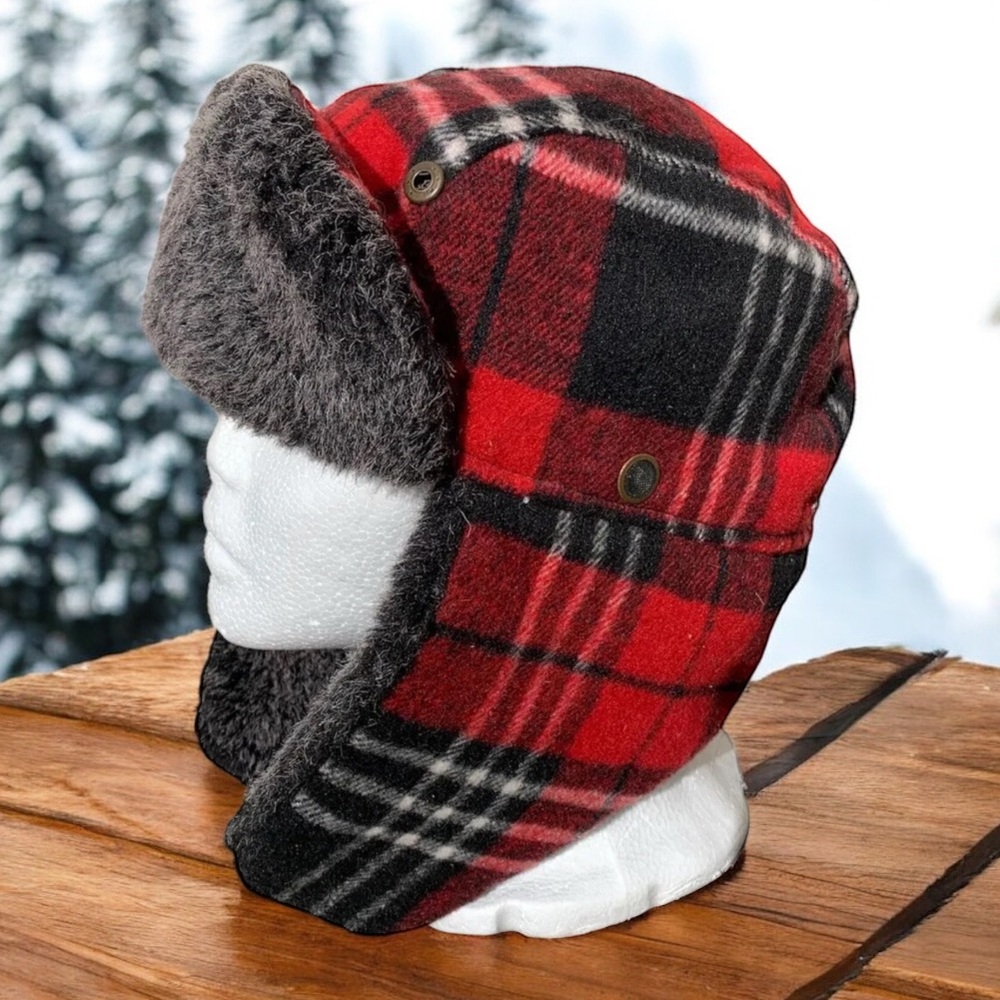 Vintage PIERRE CARDIN Red Plaid Faux Fur Ear Flaps 80s Bomber Hat One Size